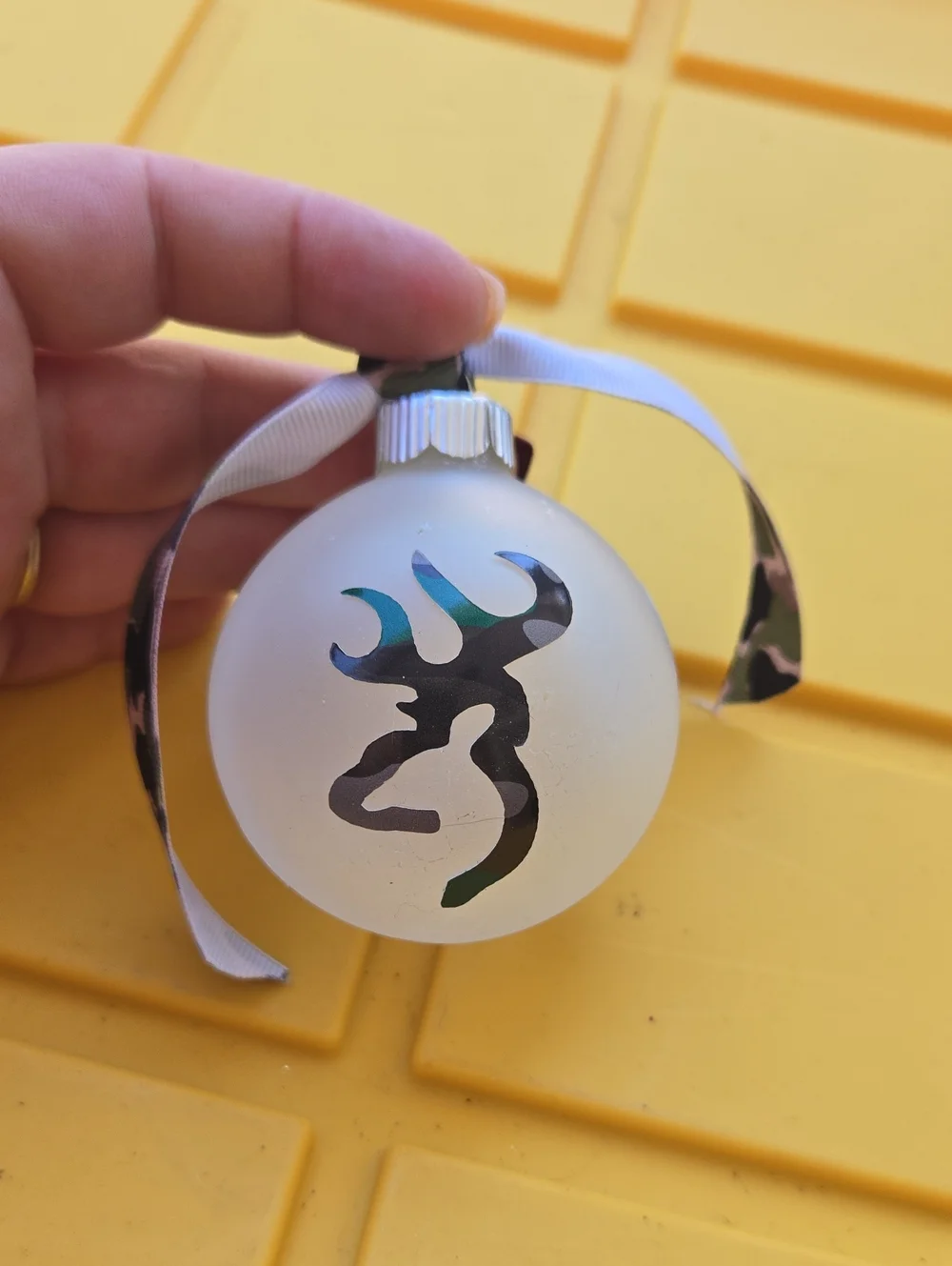 Frosted Glass Deer Head Ornament with Camo Accent